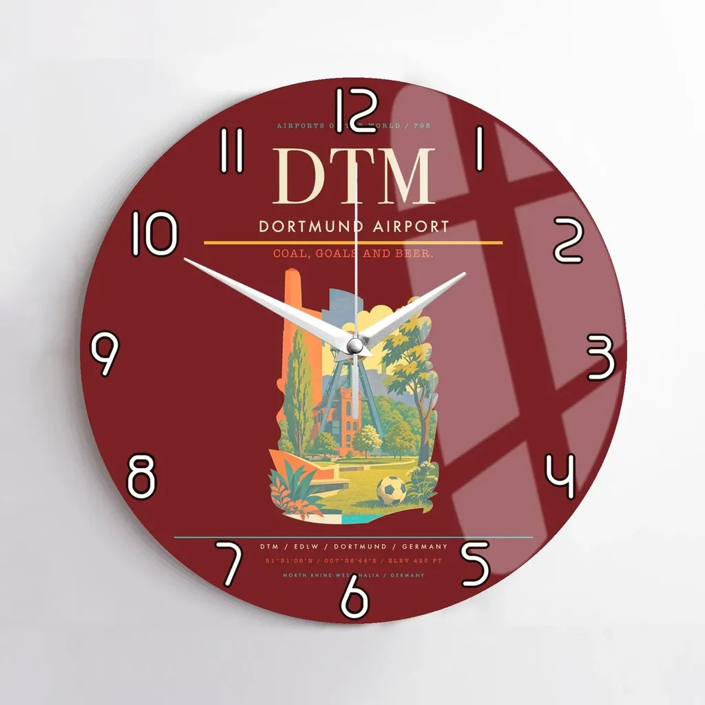 Dortmund Airport (DTM) design on dark red no frame wall clock