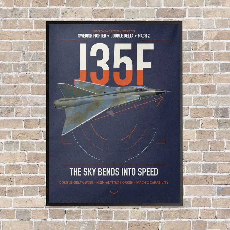 Saab J 35F Draken vertical canvas print - framed - navy blue background