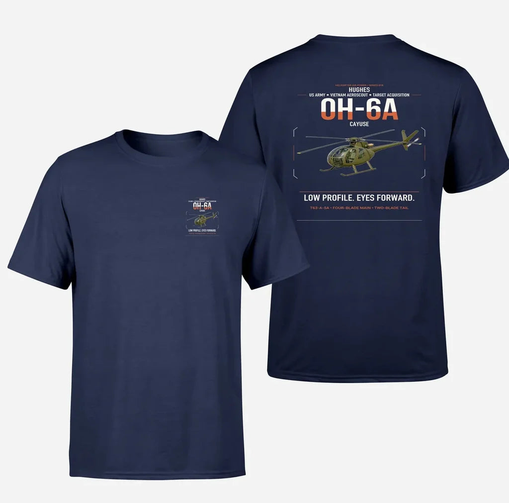 Hughes OH-6A Cayuse design on navy blue t-shirt, double-side print