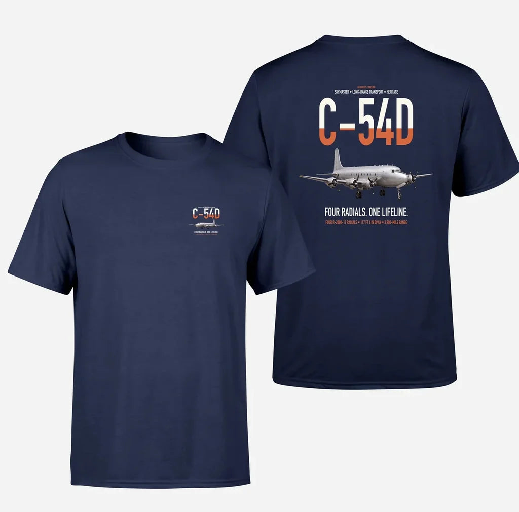 C-54D Skymaster design on navy blue double-side t-shirt, double-side print