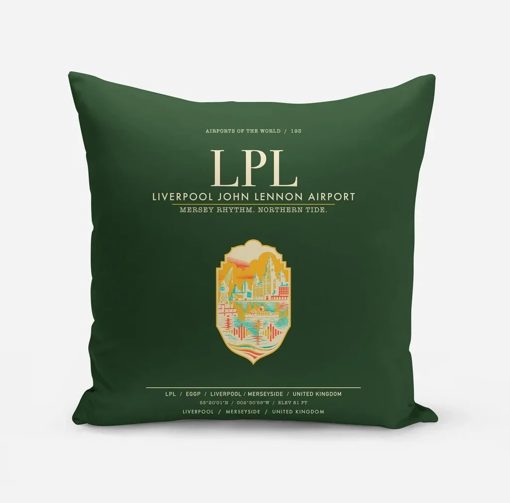 Liverpool John Lennon Airport (LPL) design on dark green pillow