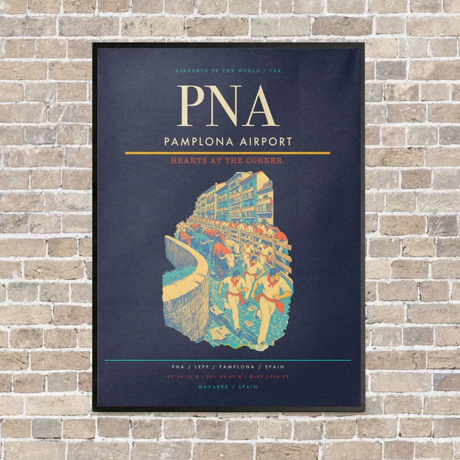 Pamplona Airport PNA vertical canvas print - framed - navy blue background