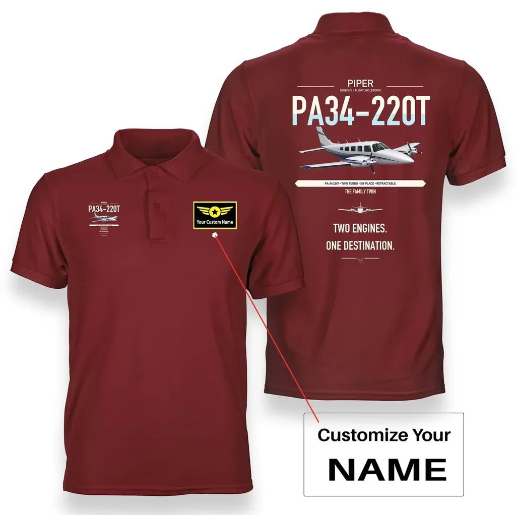 Piper PA-34-220T Seneca V design on red+name double-side polo t-shirt, double-side print