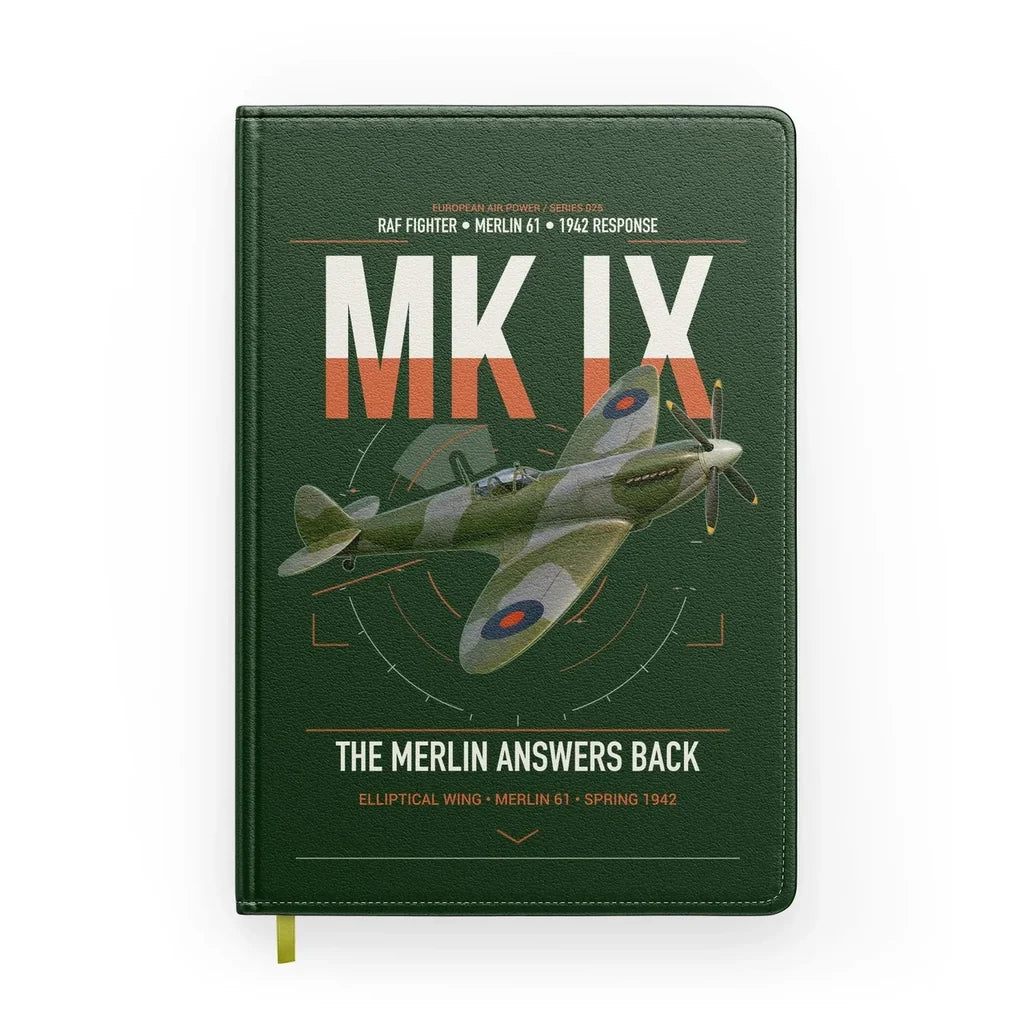 Supermarine Spitfire Mk IX design on dark green notebook