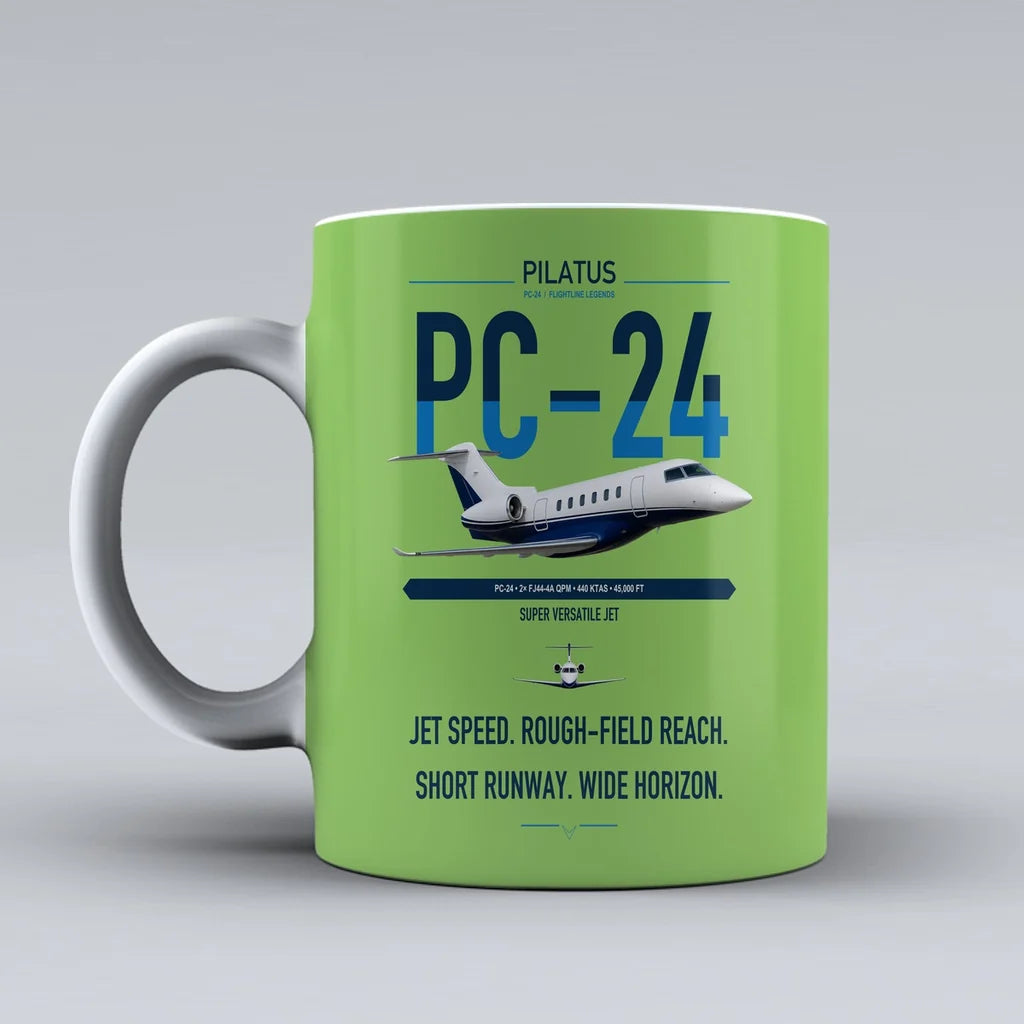 Pilatus PC-24 design on light green ceramic mug, double-side print