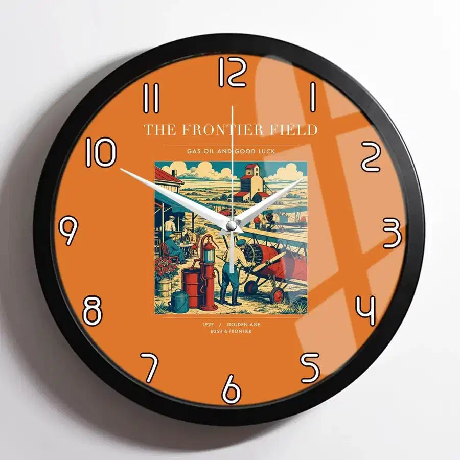 VINTAGE G4034 - The Frontier Field - Designed Wall Clocks design on orange framed
