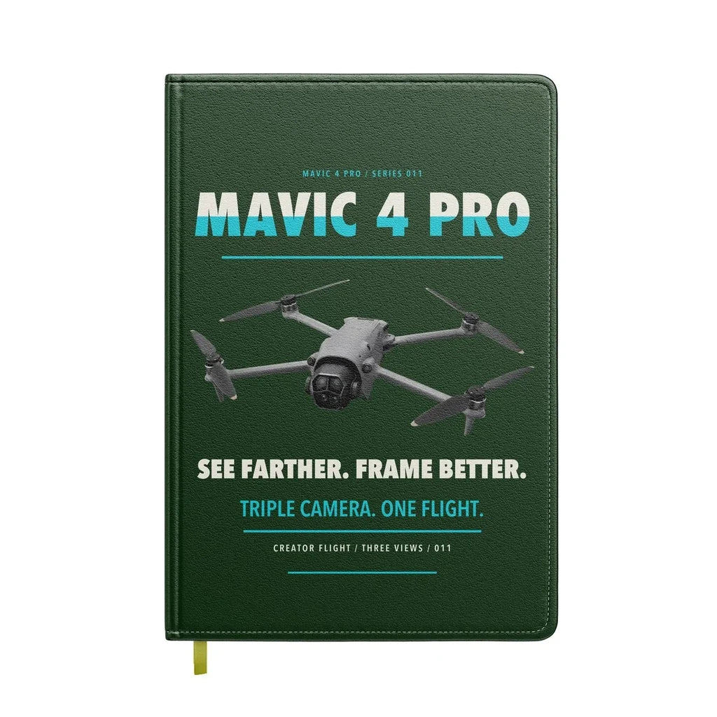 DJI Mavic 4 Pro design on dark green notebook