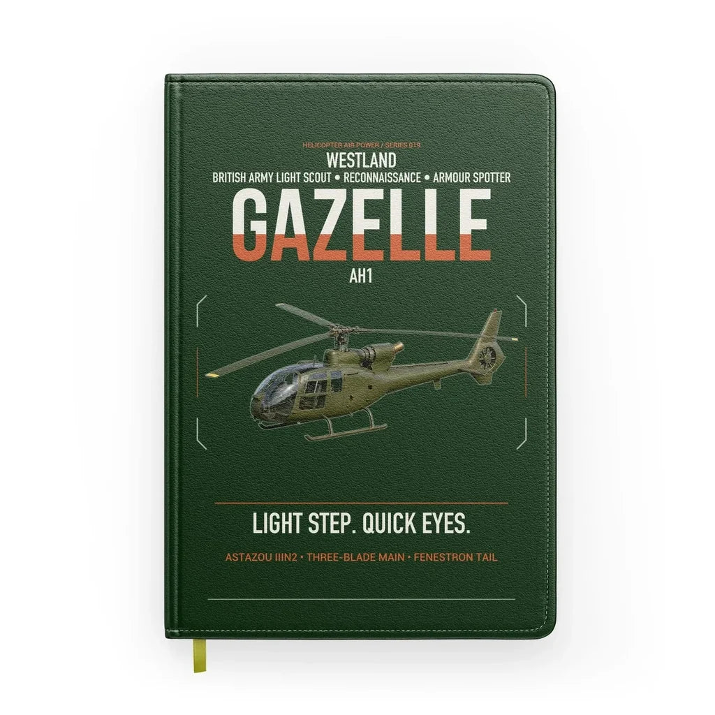 Westland Gazelle AH1 design on dark green notebook