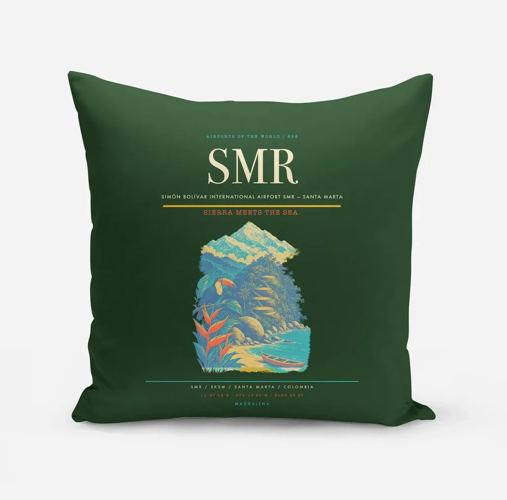 Simón Bolívar International Airport (SMR) design on dark green pillow