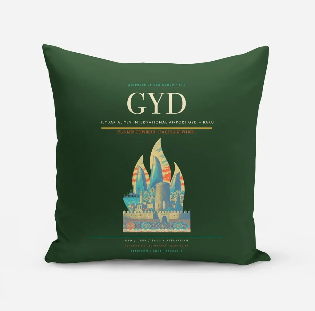 Heydar Aliyev International Airport (GYD) design on dark green pillow