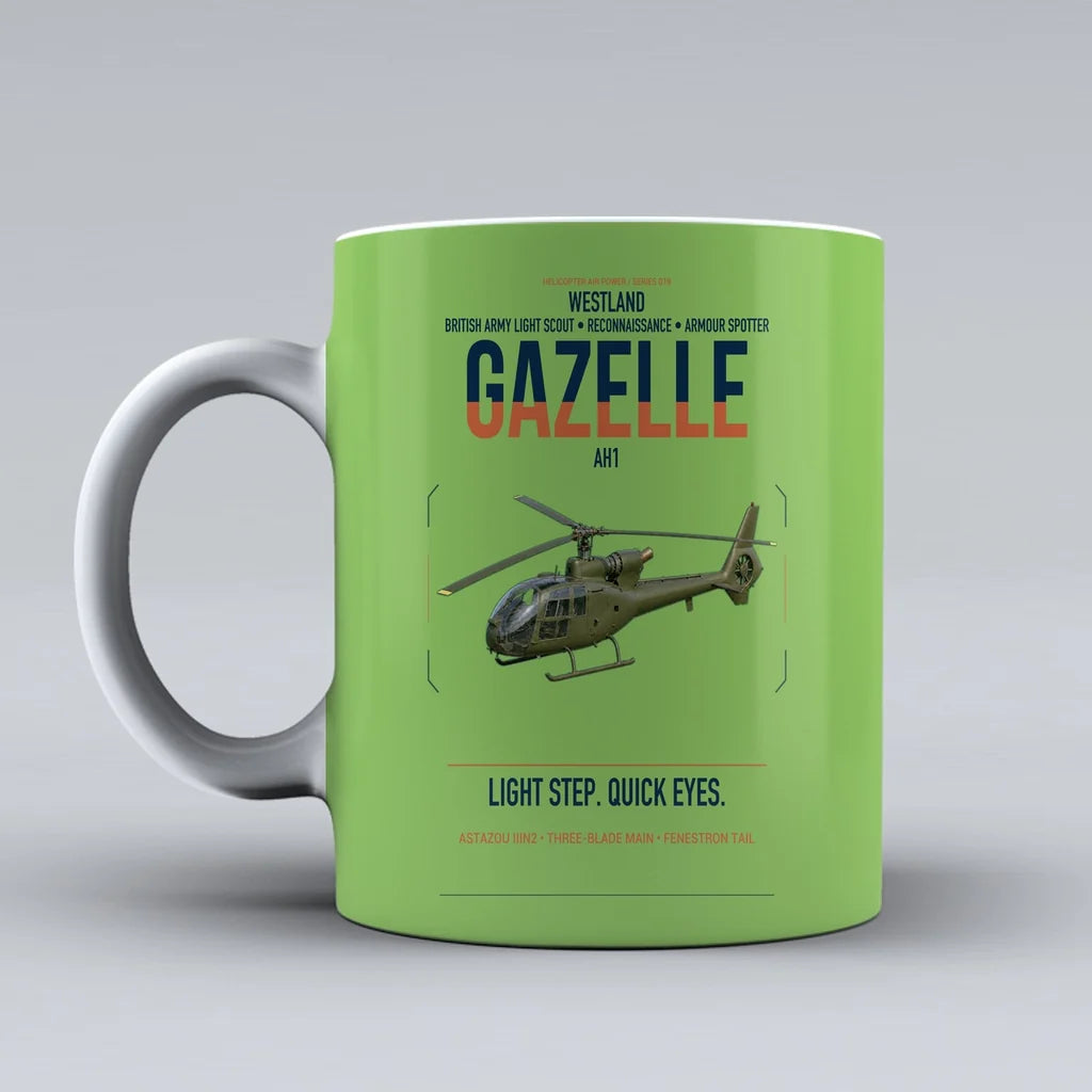 Westland Gazelle AH1 design on light green ceramic mug, double-side print