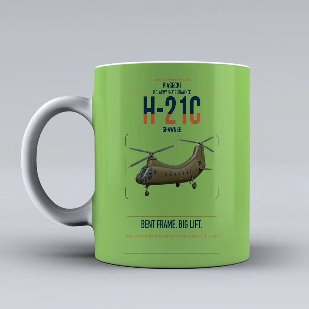 Piasecki H-21C Shawnee design on light green ceramic mug, double-side print