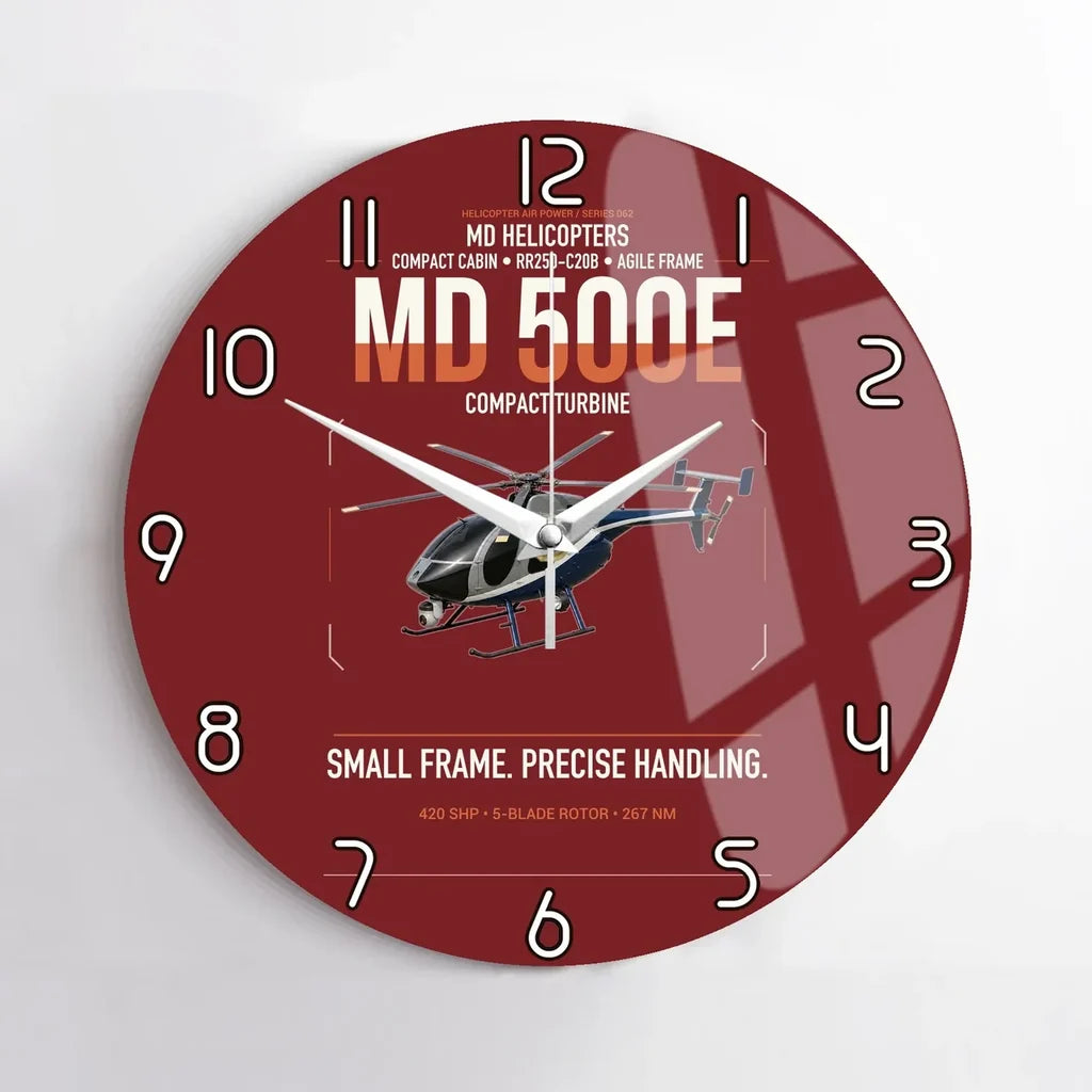 MD Helicopters MD 500E design on dark red no frame wall clock