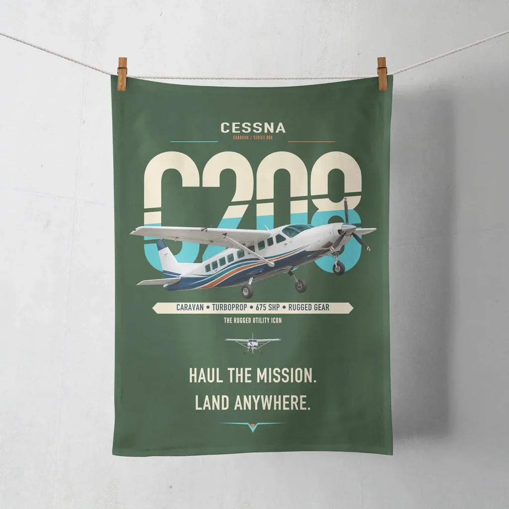 Cessna 208 Caravan design on dark green towel
