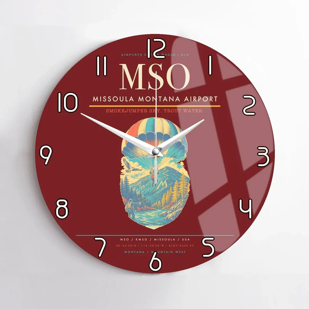 Missoula Montana Airport (MSO) design on dark red no frame wall clock