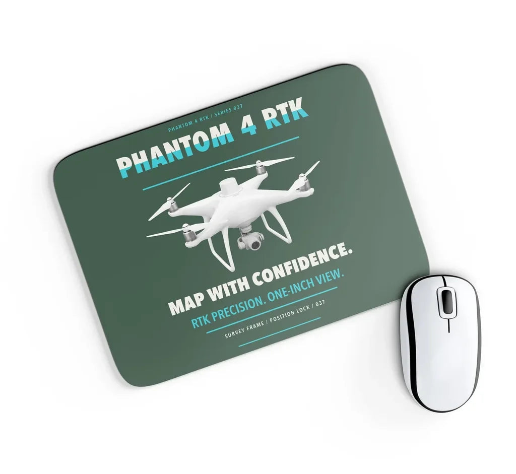 DJI Phantom 4 RTK design on dark green rectangle mouse pad