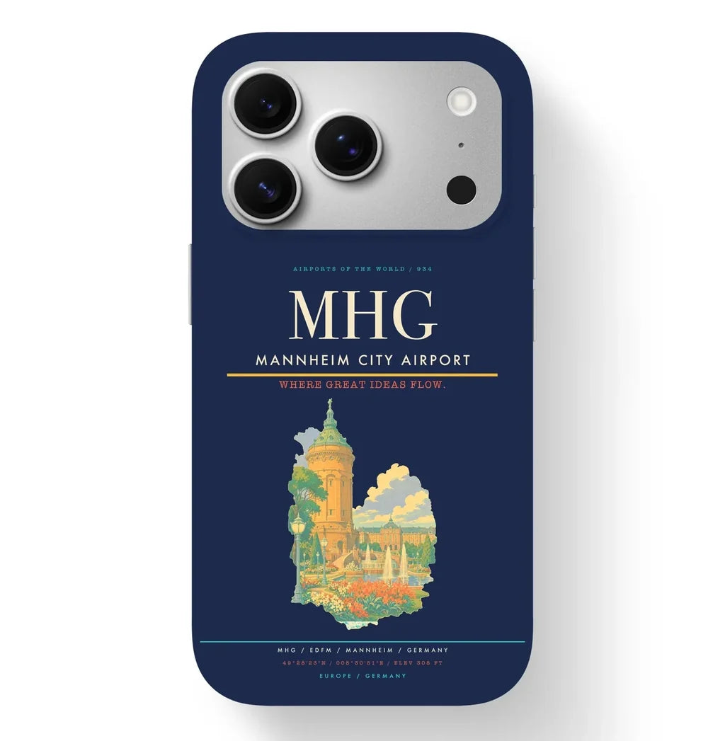 Mannheim Airport (MHG) design on navy blue iPhone 17 Pro MagSafe case