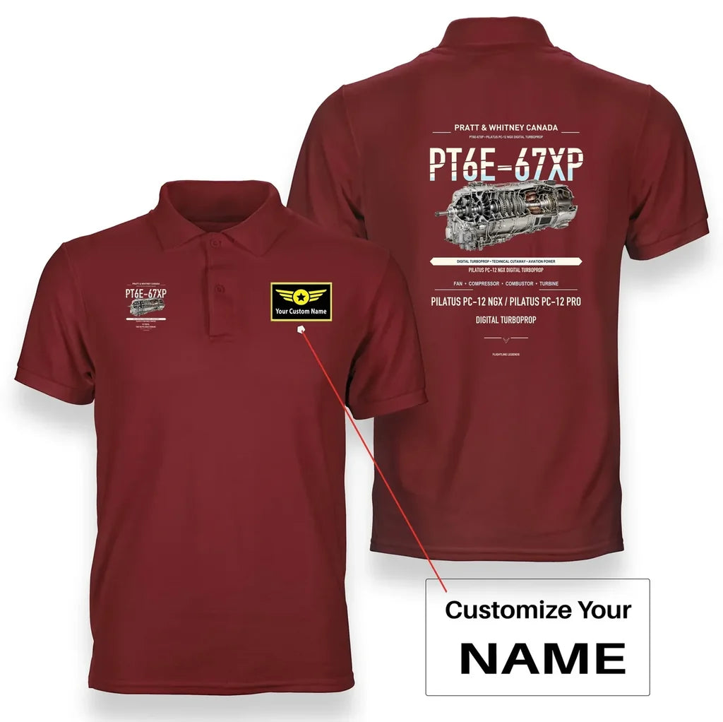 PT6E-67XP design on red polo with custom name badge