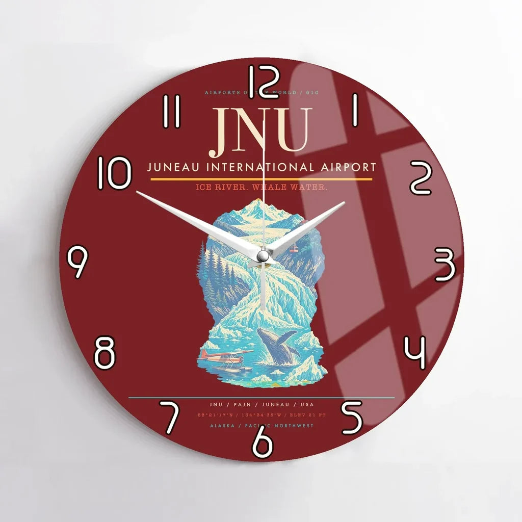 Juneau International Airport (JNU) design on dark red no frame wall clock