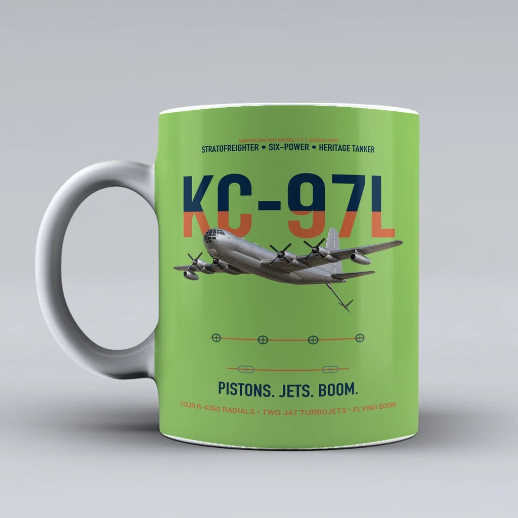 KC-97L STRATOFREIGHTER design on light green ceramic mug, double-side print