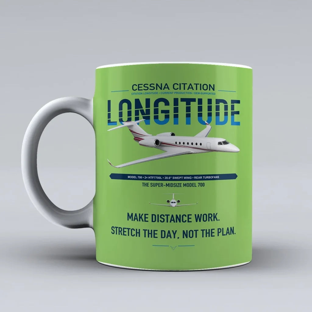 Cessna Citation Longitude design on light green ceramic mug, double-side print