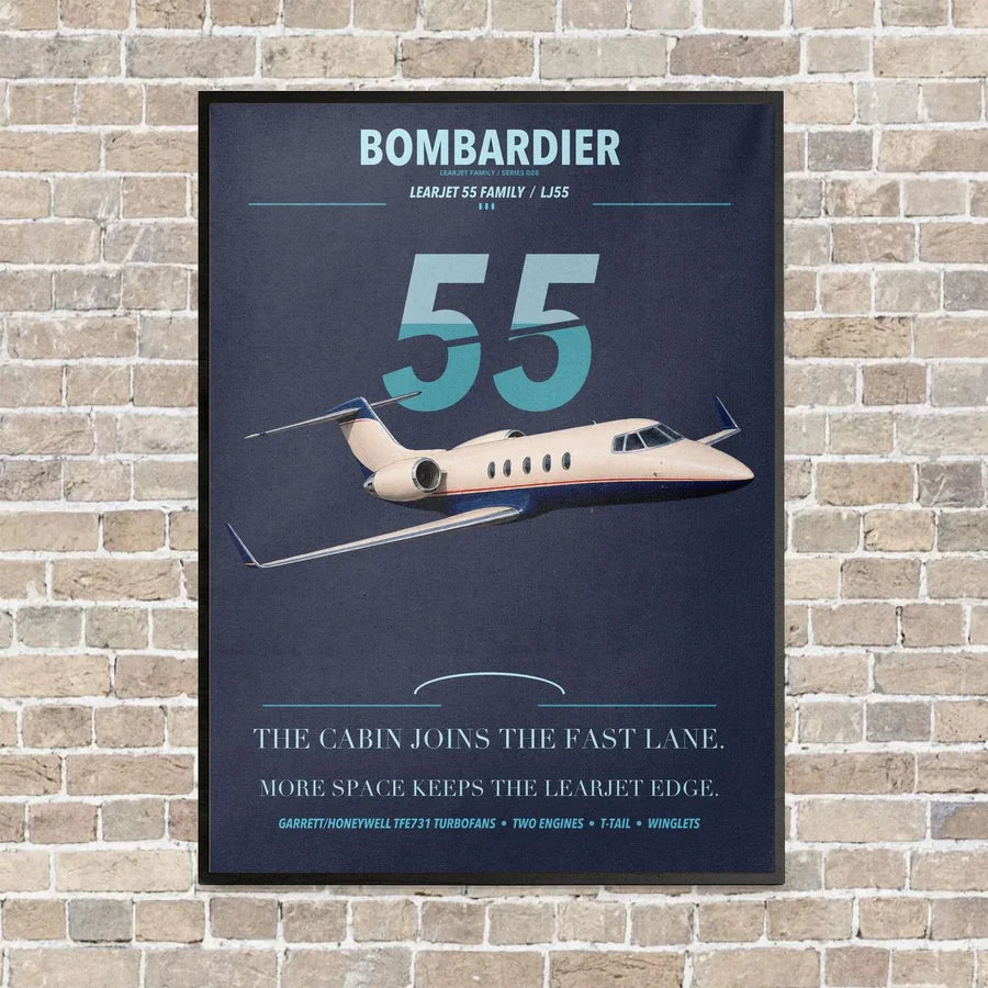 Bombardier Learjet 55 vertical canvas print - framed - navy blue background