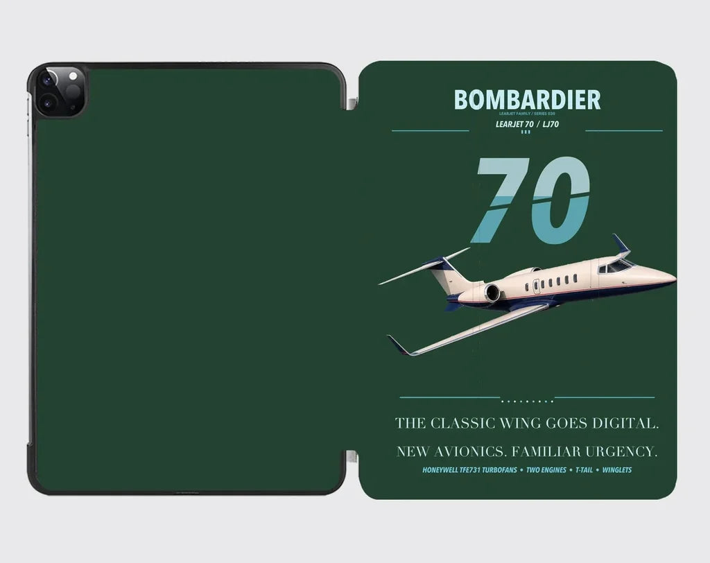 Bombardier Learjet 70 design on dark green ipad tablet case