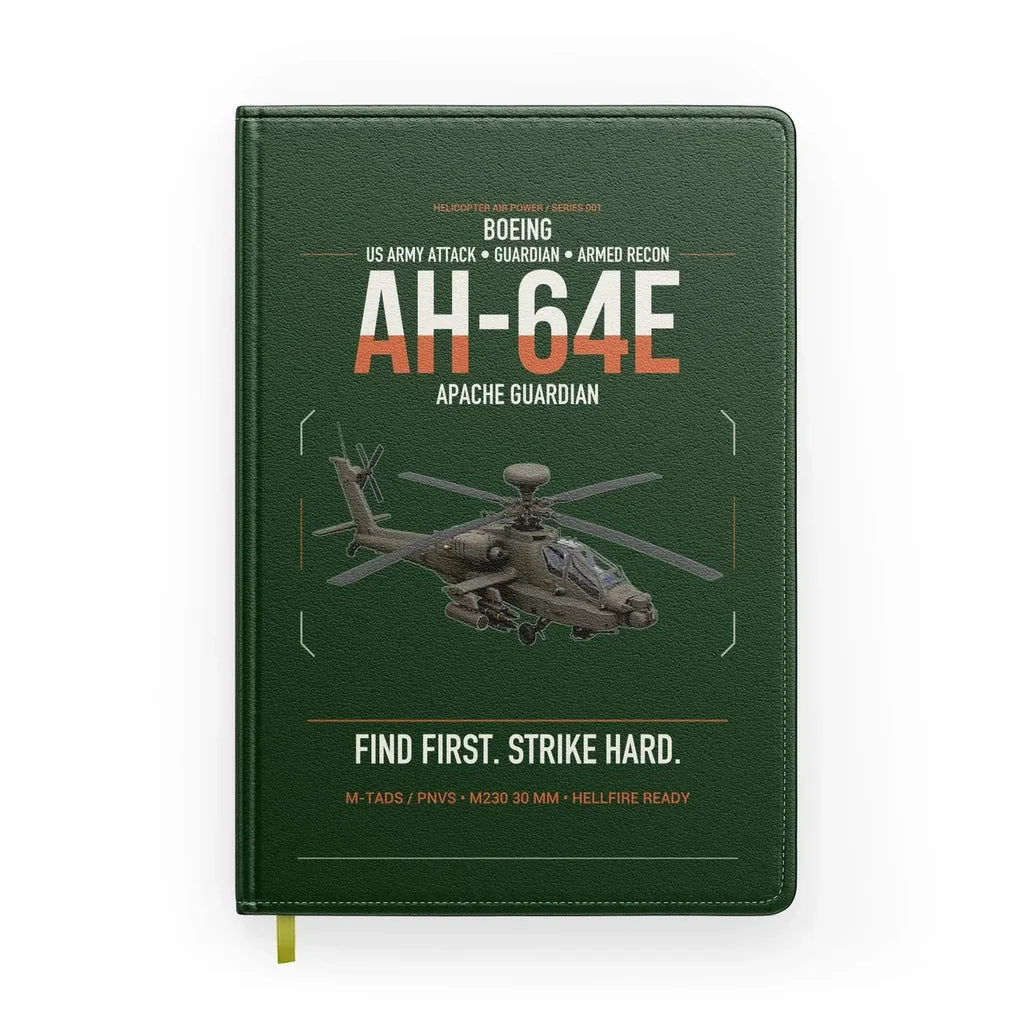Boeing AH-64E Apache Guardian design on dark green notebook