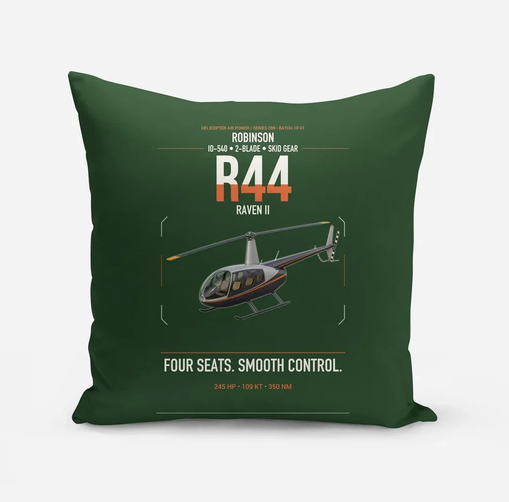 Robinson R44 Raven II design on dark green pillow
