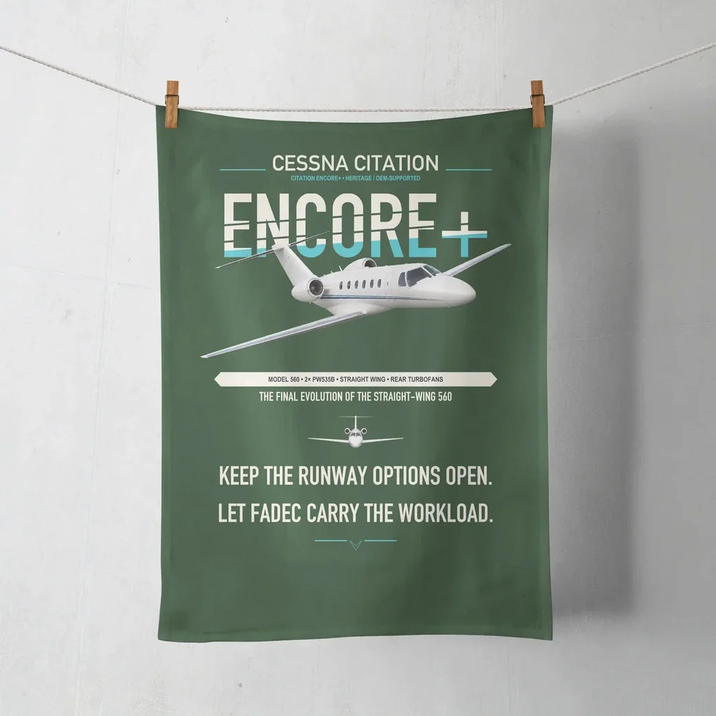 Cessna Citation Encore+ design on dark green towel