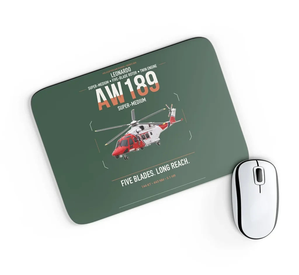 Leonardo AW189 design on dark green rectangle mouse pad