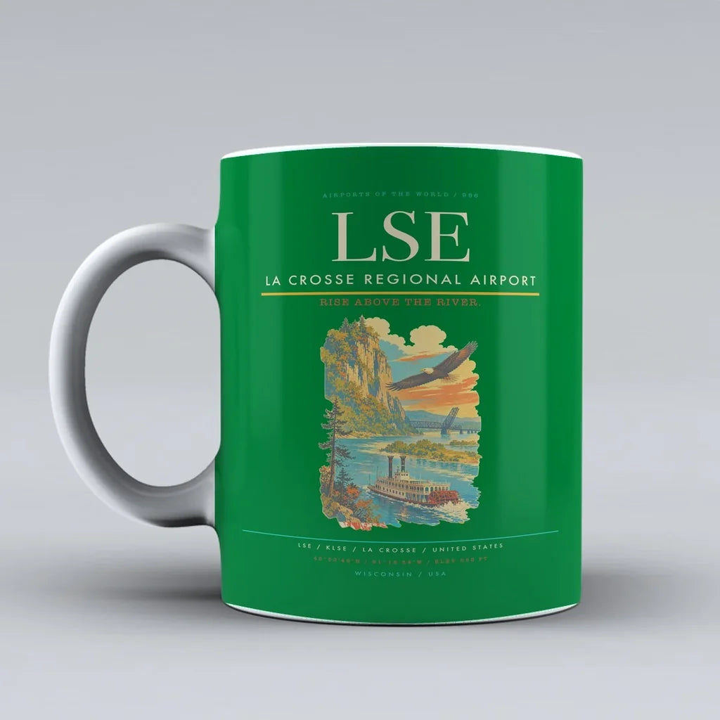 La Crosse Regional Airport (LSE) airport code design on green ceramic mug