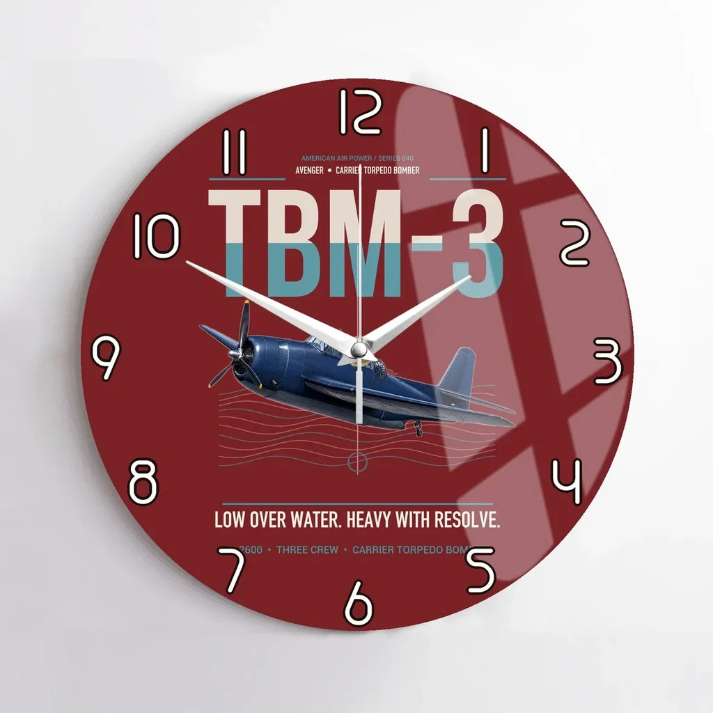 TBM-3 Avenger design on dark red no frame wall clock
