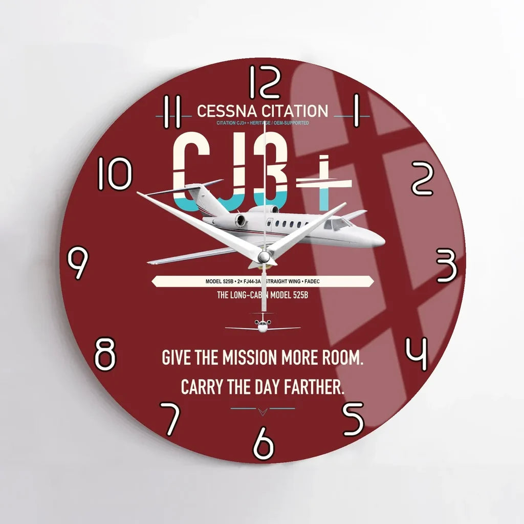 Cessna Citation CJ3+ design on dark red no frame wall clock