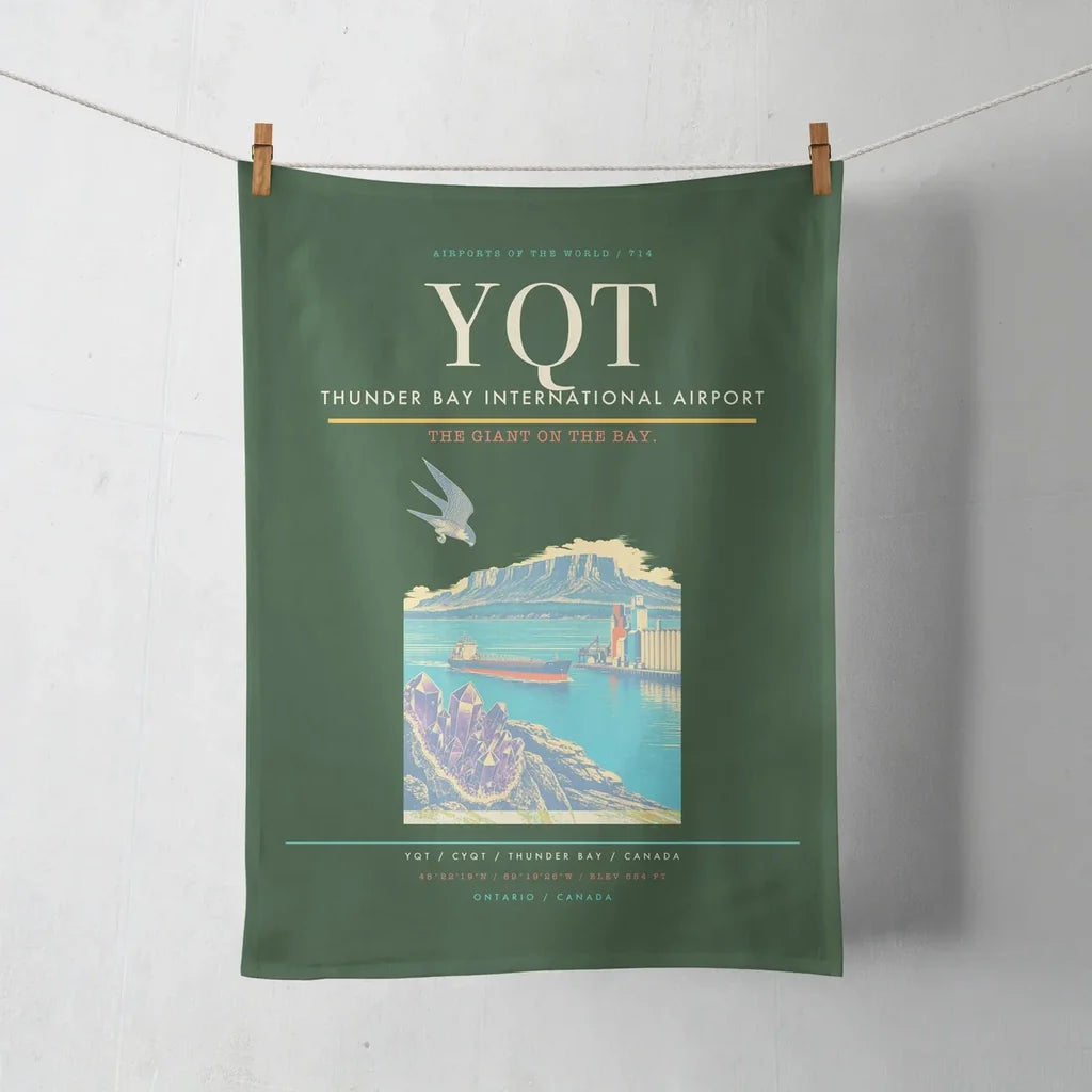 Thunder Bay International Airport (YQT) design on dark green towel