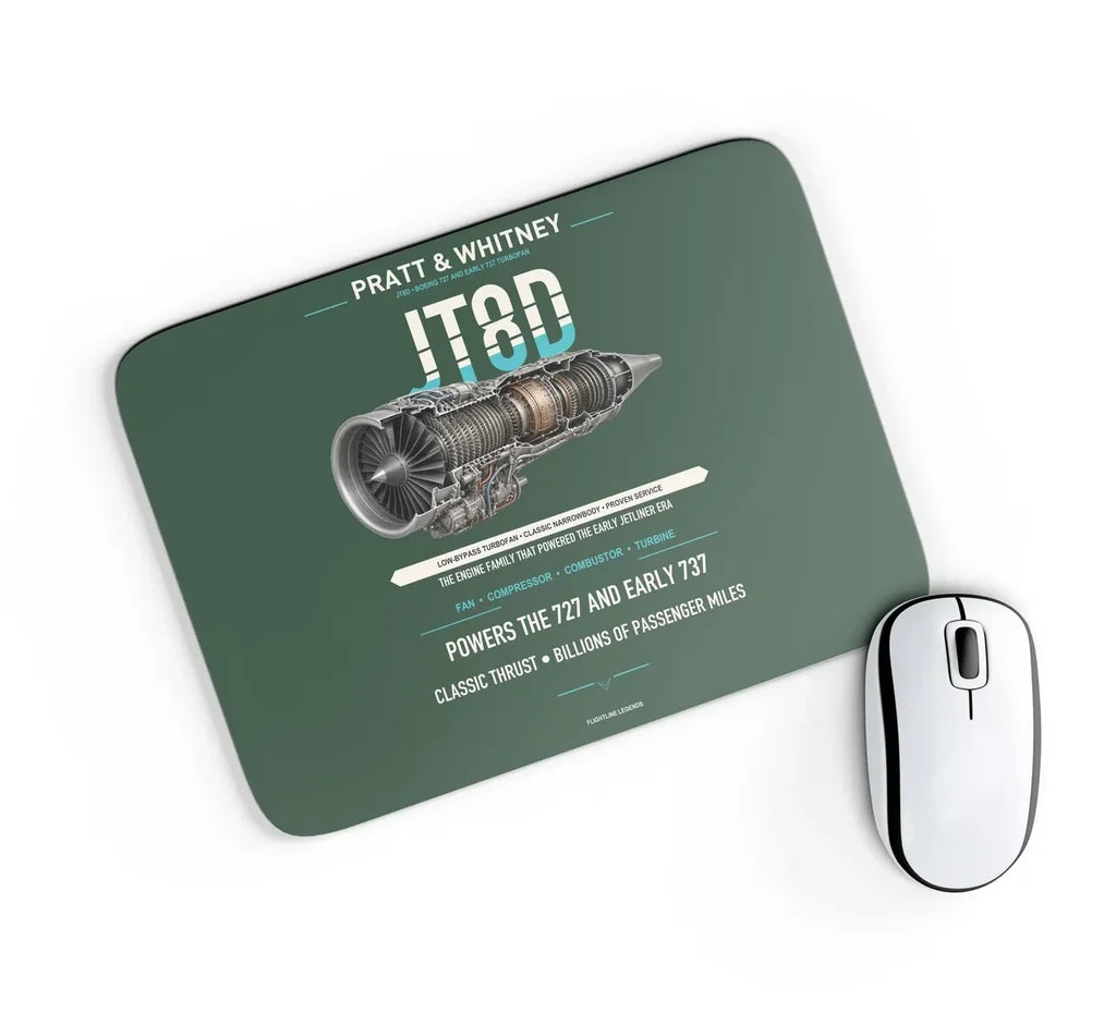 JT8D design on dark green rectangle mouse pad