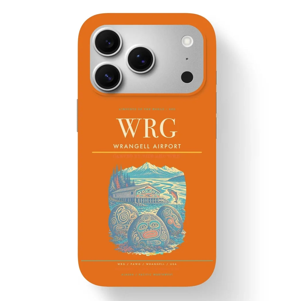 Wrangell Airport (WRG) design on orange iPhone 17 Pro MagSafe case