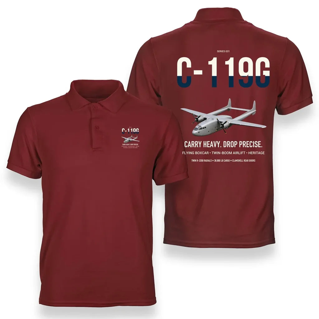 C-119G Flying Boxcar design on red double-side polo t-shirt, double-side print