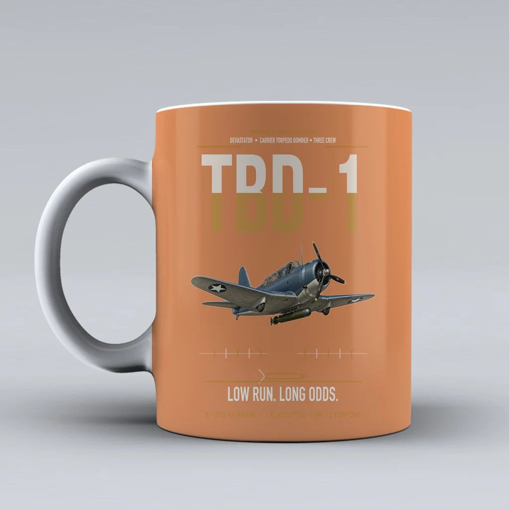 TBD-1 Devastator design on orange ceramic mug, double-side print