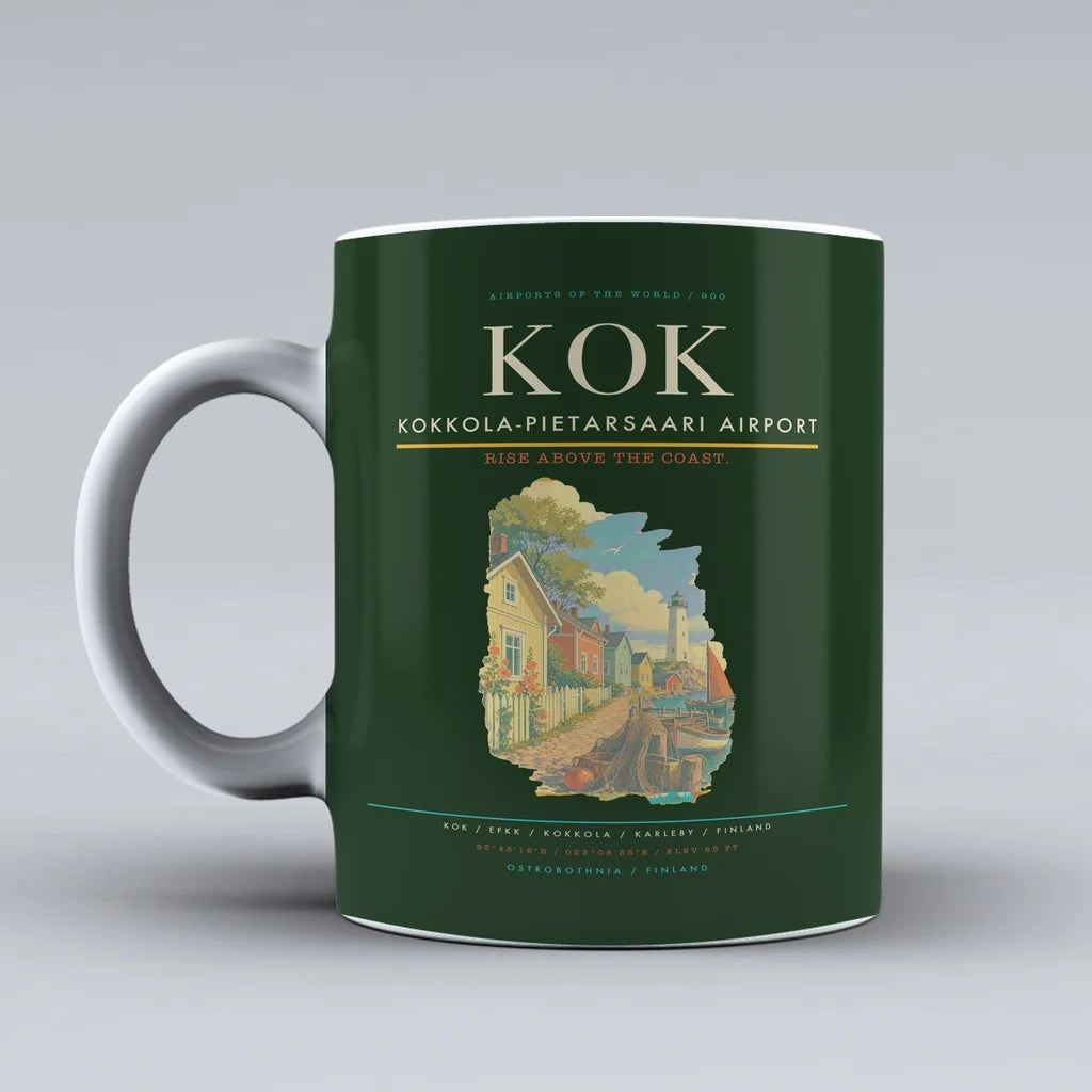 Kokkola-Pietarsaari Airport (KOK) airport code design on dark green ceramic mug