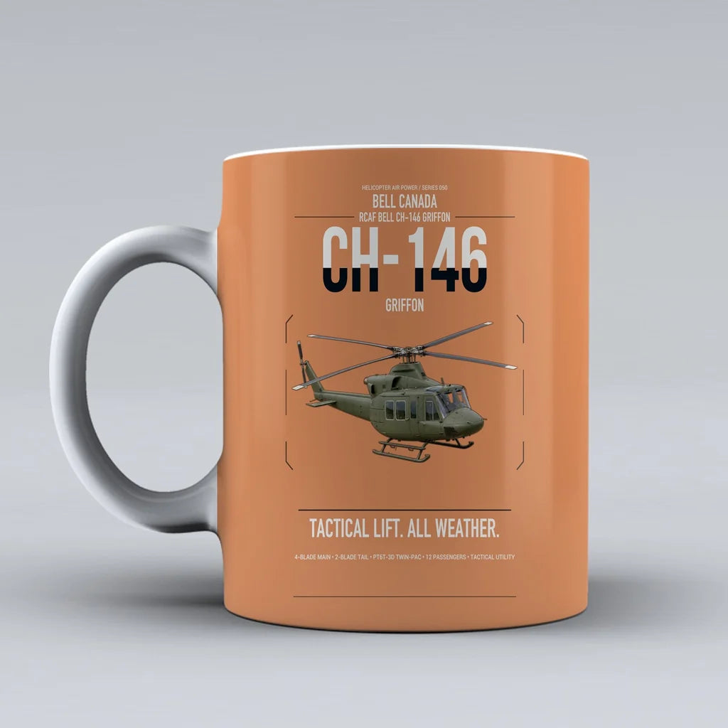 Bell Canada CH-146 Griffon design on orange ceramic mug, double-side print