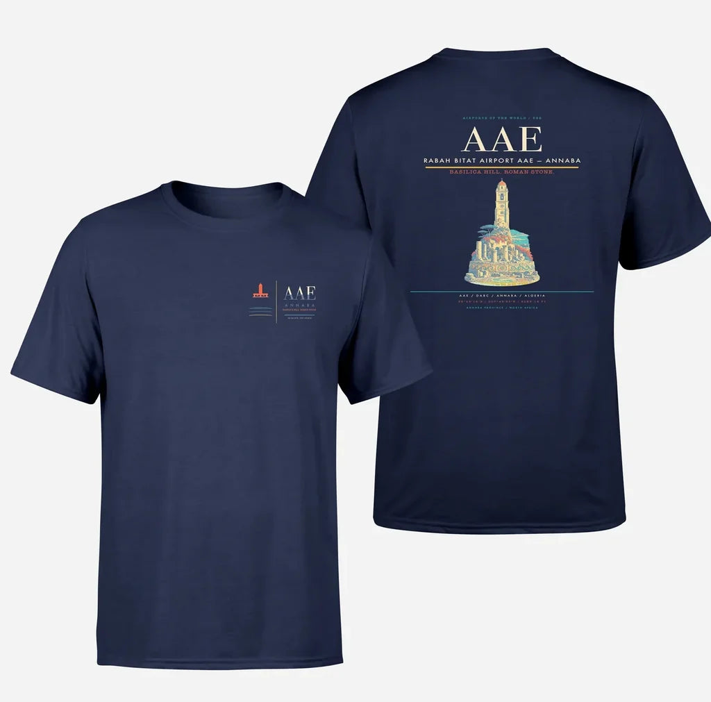 Rabah Bitat Airport (AAE) design printed on navy blue double-side t-shirt