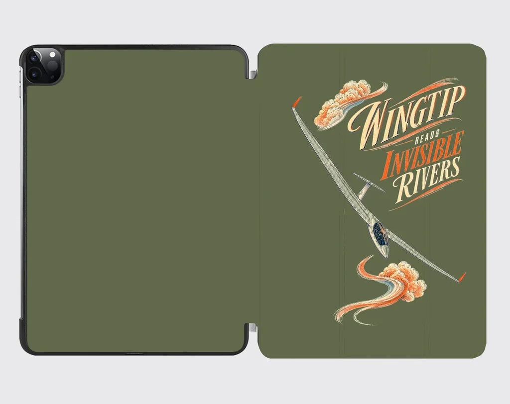 Wingtip Reads Invisible Rivers design on green army ipad tablet case