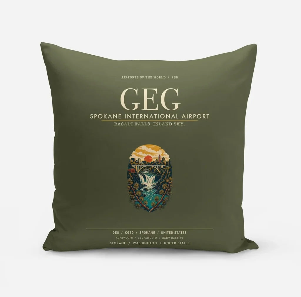 Spokane International Airport (GEG) design on green army pillow