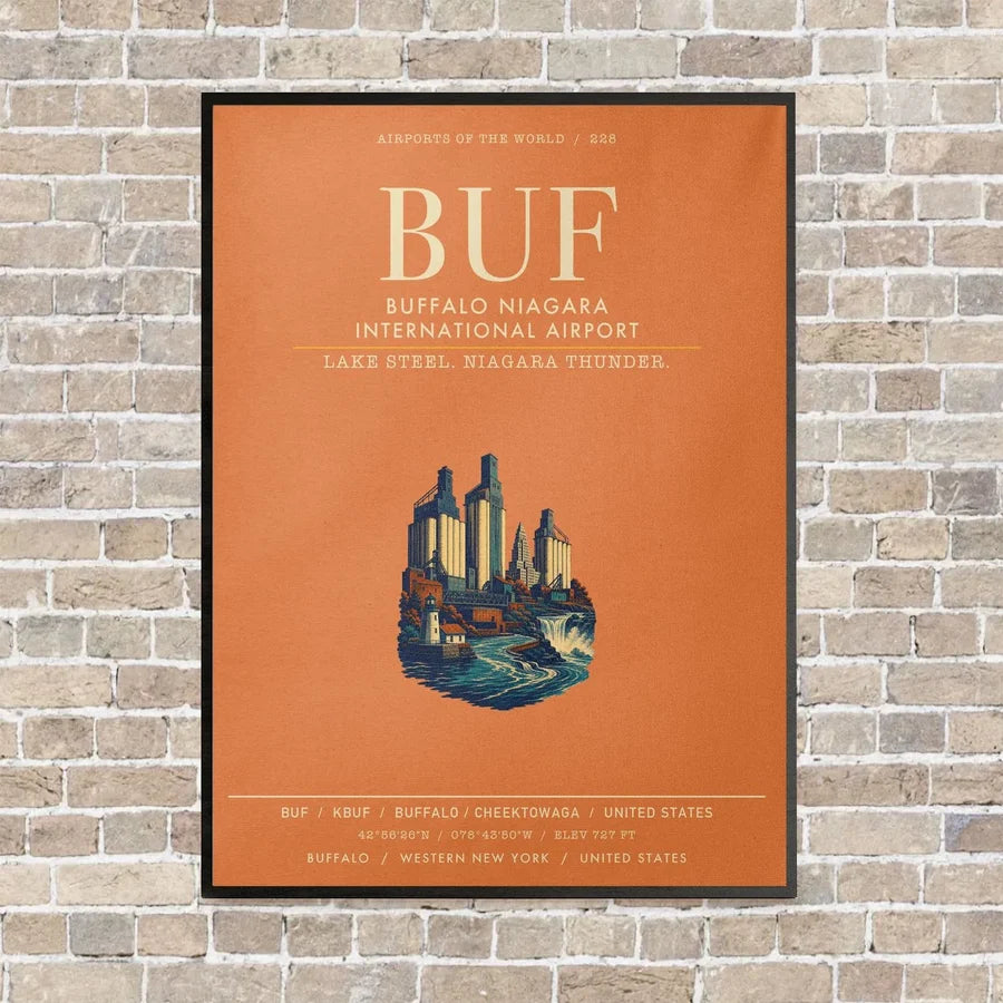 Buffalo Niagara International Airport BUF vertical canvas print - framed - orange background