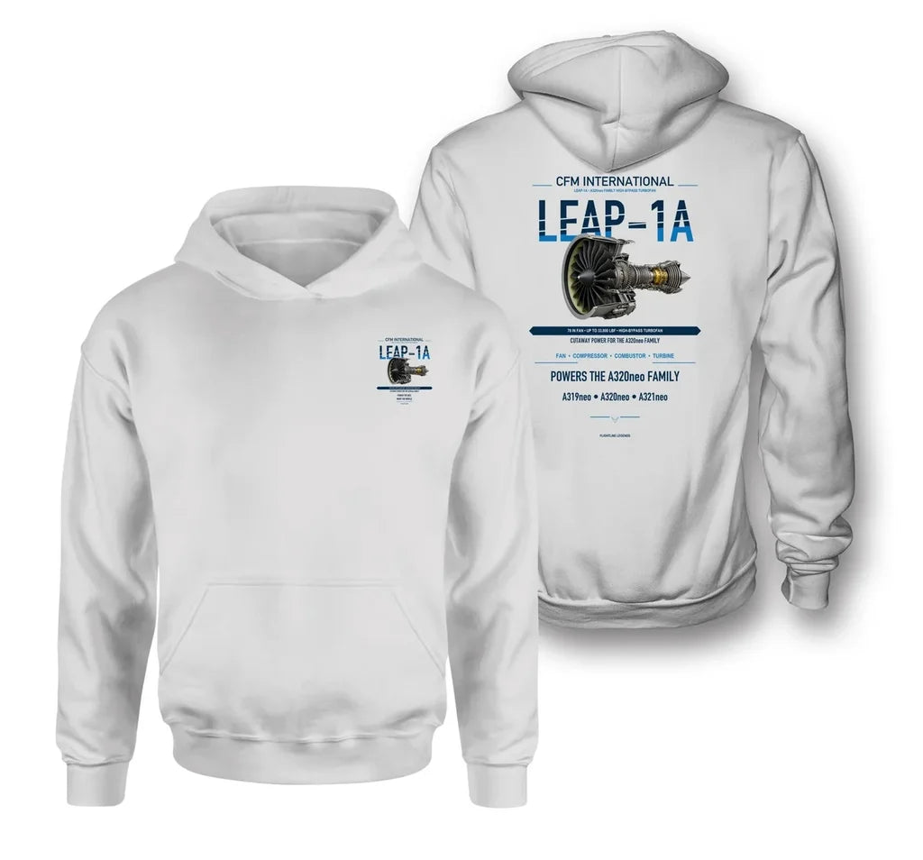 LEAP-1A design on white hoodie