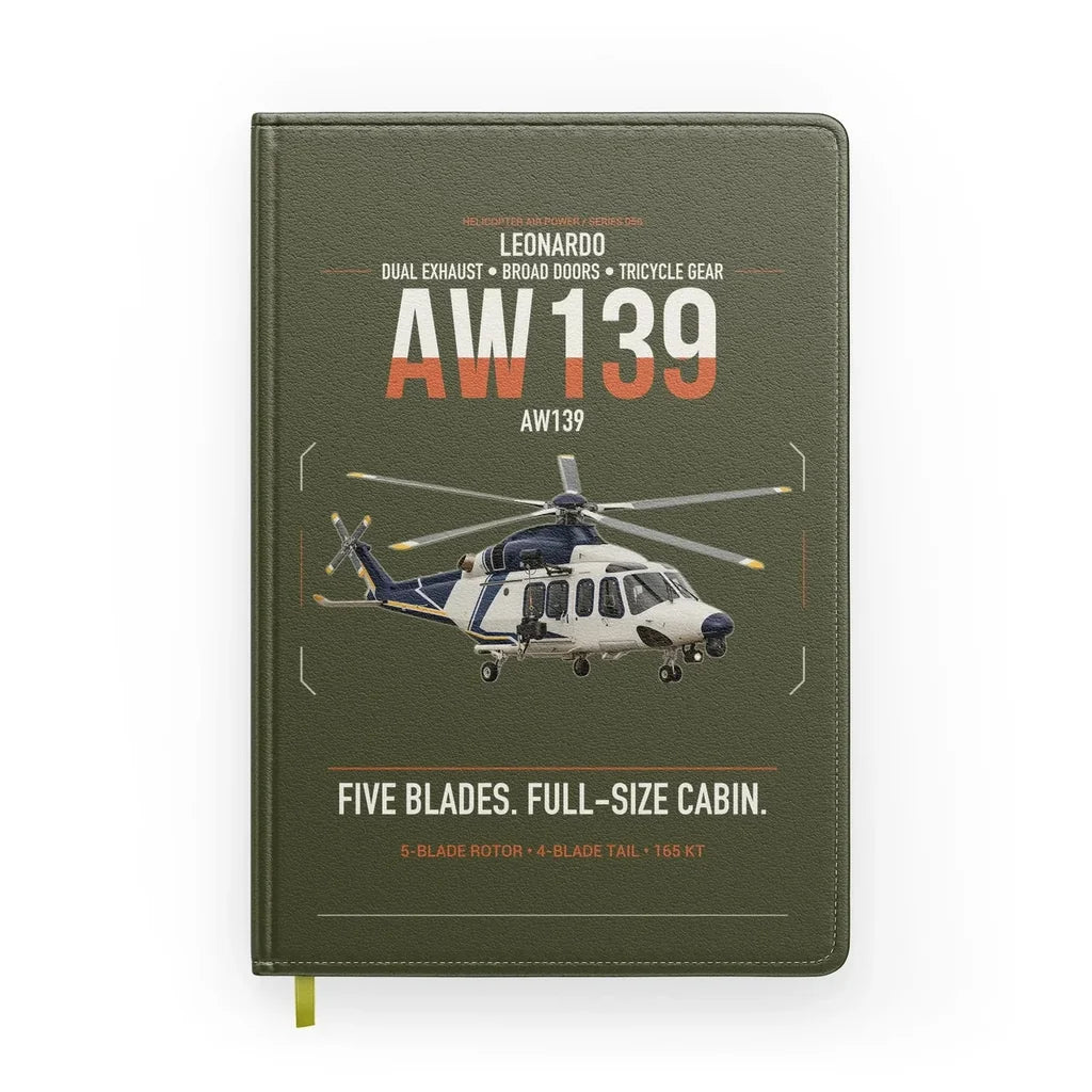 Leonardo AW139 design on green army notebook