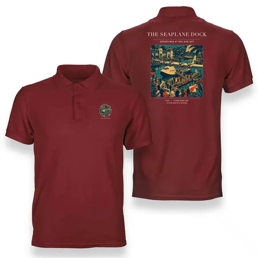 VINTAGE G4056 - The Seaplane Dock - Double-Side Polo T-Shirt design on red