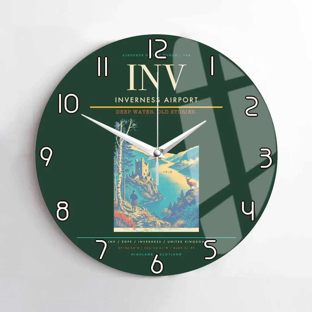 Inverness Airport (INV) design on dark green no frame wall clock