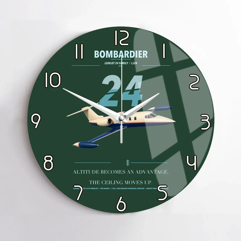 Bombardier Learjet 24 design on dark green no frame wall clock